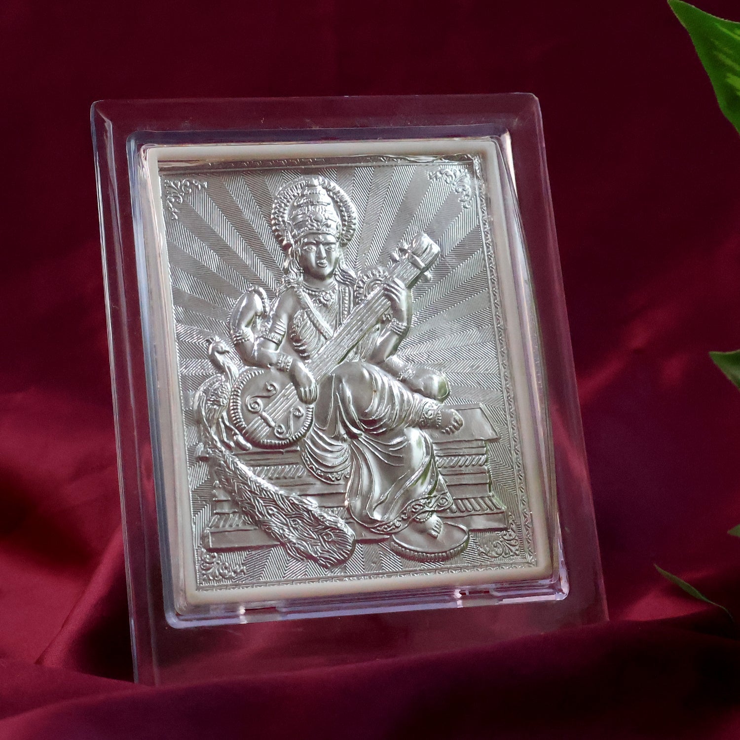 Elegant Silver Saraswati Maa Photo Frame with Stand (1 Pc) Elegant Silver Saraswati Maa Photo Frame with Stand (1 Pc)
